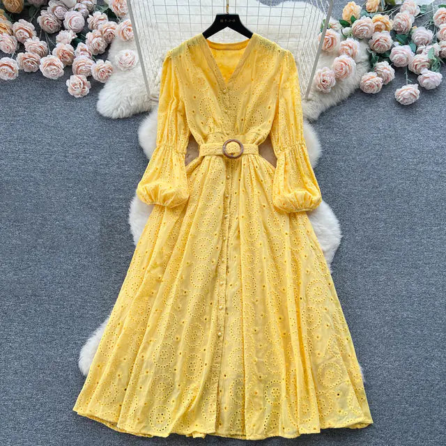 Bohemian Summer Dress with Embroidered Puff Sleeves